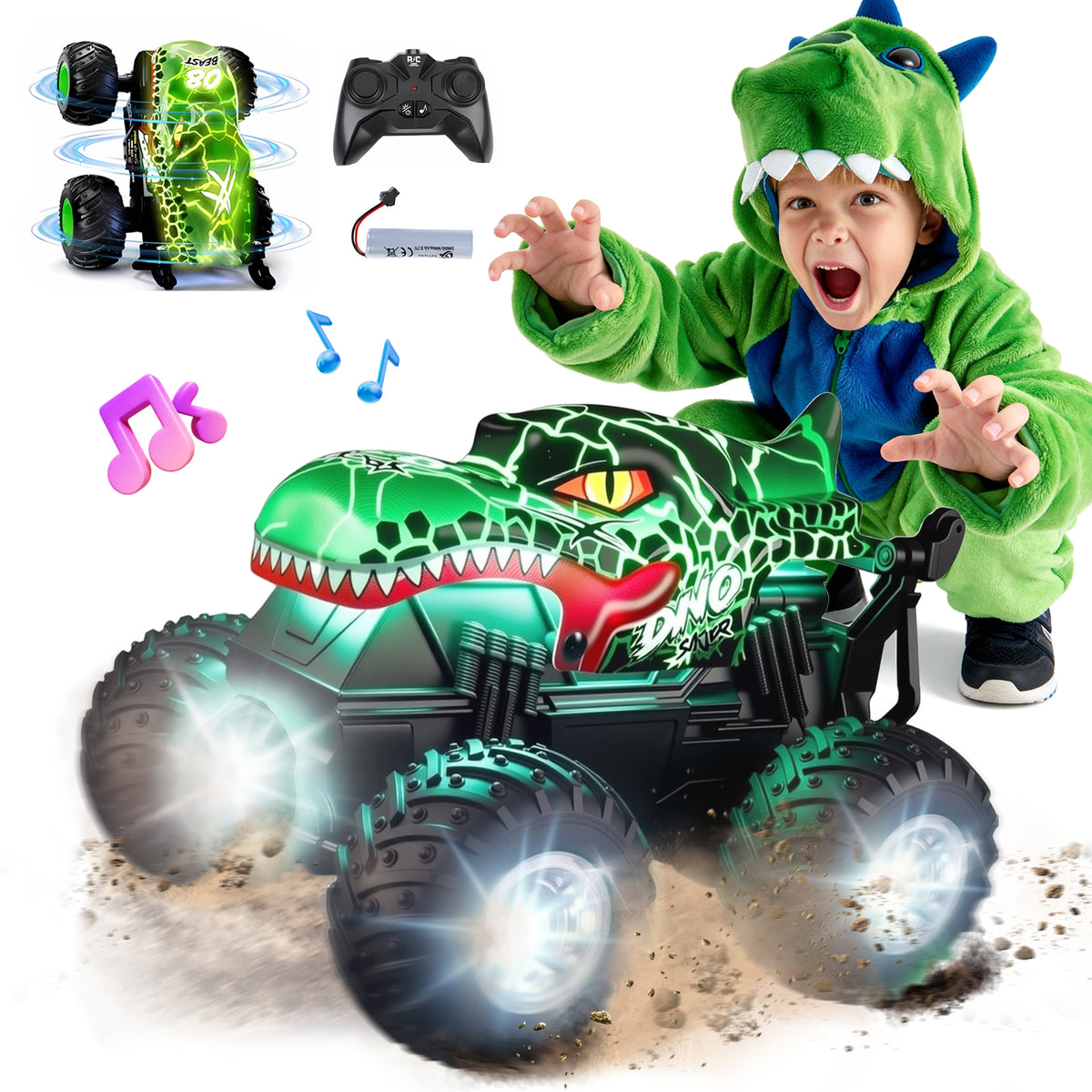 YCFUN RC Monster Truck Toy with 360° Spins, Music and LED Car Shell & Wheels, Dinosaur Toy RC Car for Kids Boys Ages 3+ (Green)