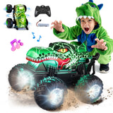 YCFUN RC Monster Truck Toy with 360° Spins, Music and LED Car Shell & Wheels, Dinosaur Toy RC Car for Kids Boys Ages 3+ (Green)