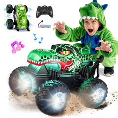 YCFUN RC Monster Truck Toy with 360° Spins, Music and LED Car Shell & Wheels, Dinosaur Toy RC Car for Kids Boys Ages 3+ (Green)