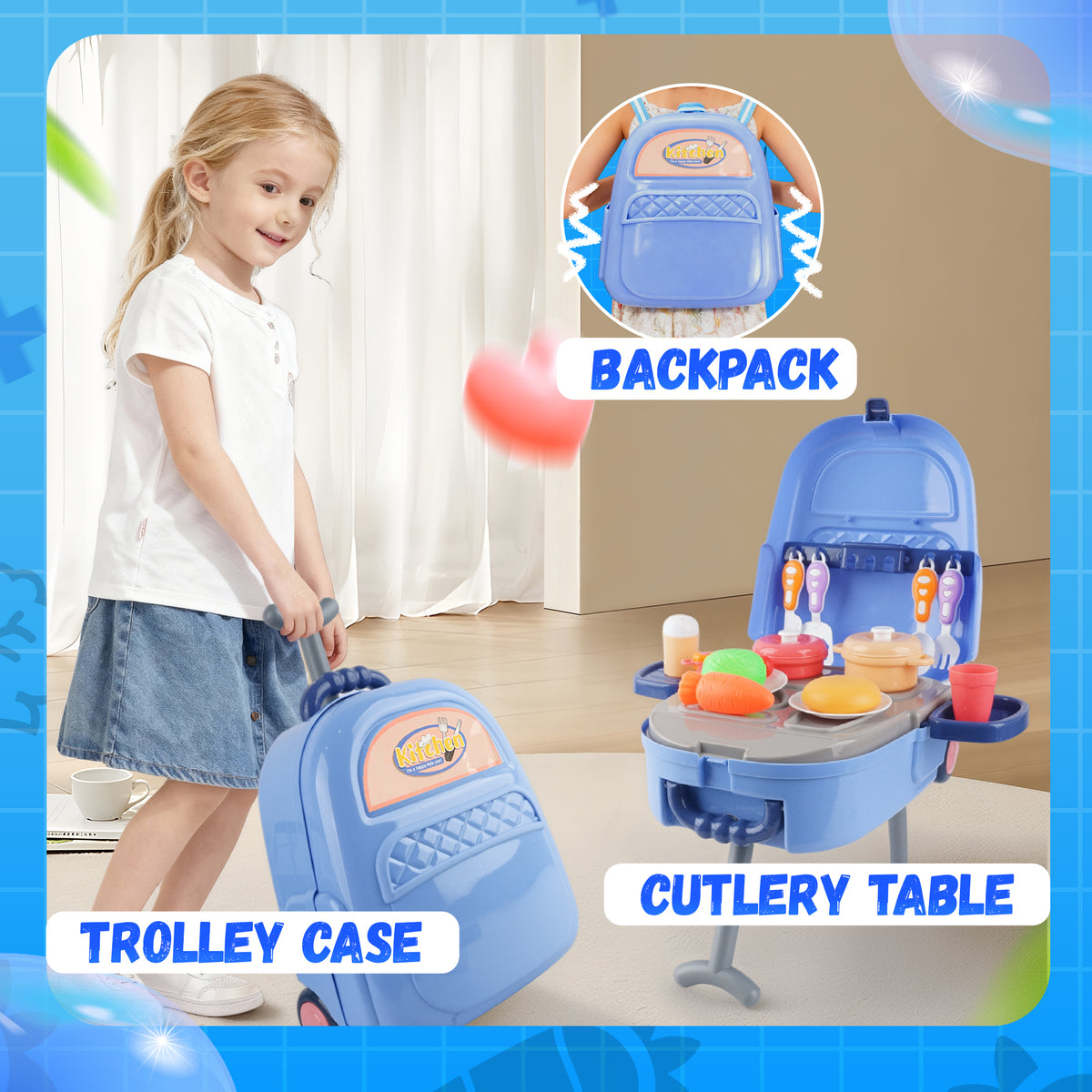 YCFUN 3-in-1 Travel Play Kitchen for Kids, Transformable Backpack Luggage & 22Pcs Pretend Cooking Set, Foldable Travel Play for Toddlers Girls Boys