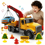 Kids Tow Truck Toy Set with Lights & Sounds, Retractable Boom & Tilting Flatbed, Included 1 Sports Car and 12 Traffic Markers, Great Gift for Toddler