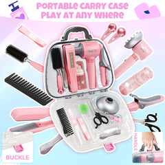 Kids Hair Salon Toys for Girls, Pretend Play Beauty Playset with Hairdryer, Scissor, Combs & Storage Bag, Styling Toy Kit for Girls