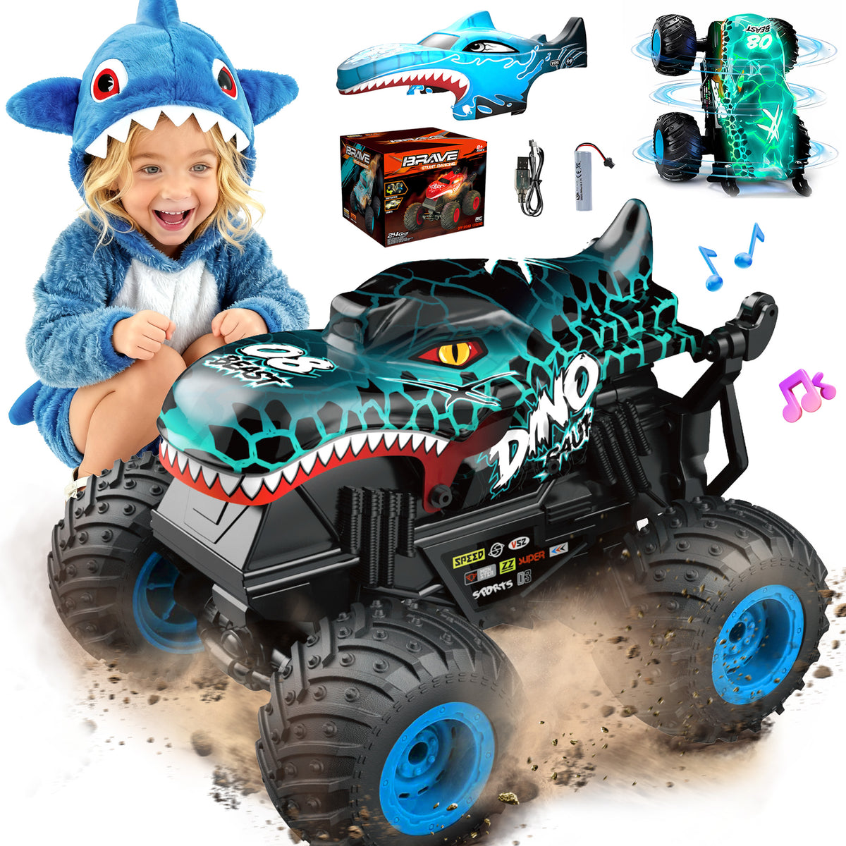 YCFUN Monster Truck Toys, 2.4GHz RC Monster Truck with 2 Shells, Dinosaur Stunt Car with 360° Flips LED Music, Toys Gift for Boys Girls 3-7