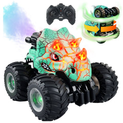 YCFUN RC Monster Truck Toy for Kids, with Music Lights & Spray, Dinosaur Toy RC Car with 2 Batteries for Boys Girls Aged 3-8 (Cyan)