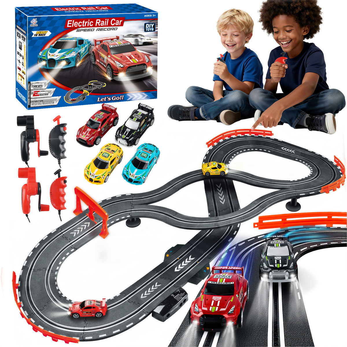 YCFUN Slot Car Race Track with 4 High Speed Light-Up Car, 2 Electric Controller and 2 Hand Controller, Christmas Birthday Gifts for Kids 3-12