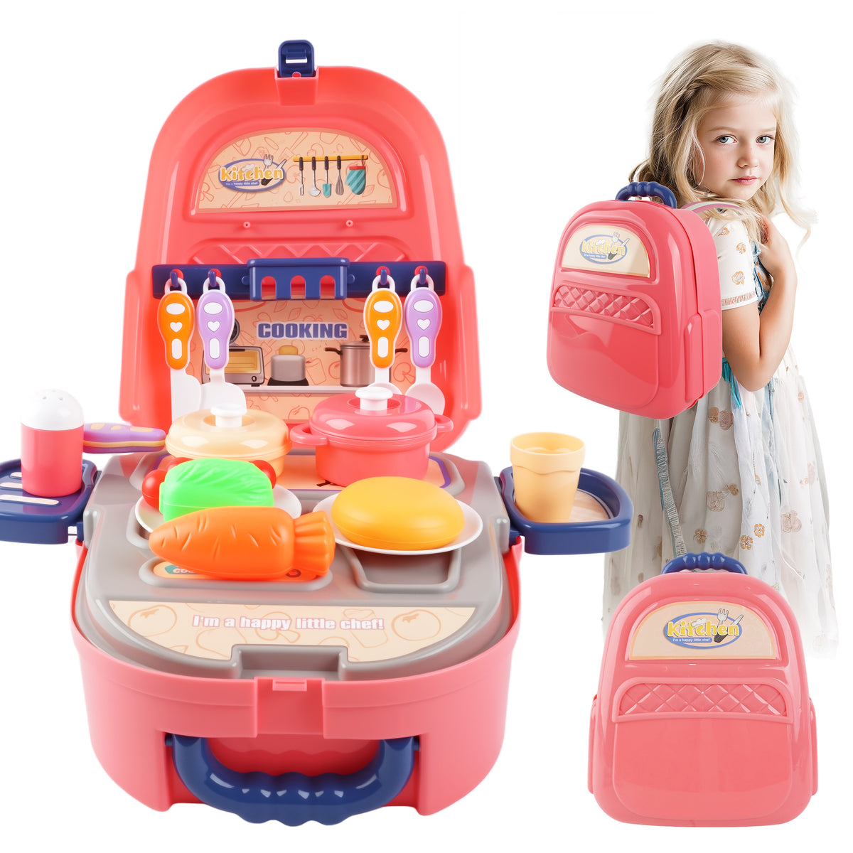 YCFUN 2-in-1 Kids Kitchen Toys, Portable Backpack Play Kitchen Set with 22 Pcs Cooking Toys, Foldable Travel Pretend Play for Toddlers Girls Boys