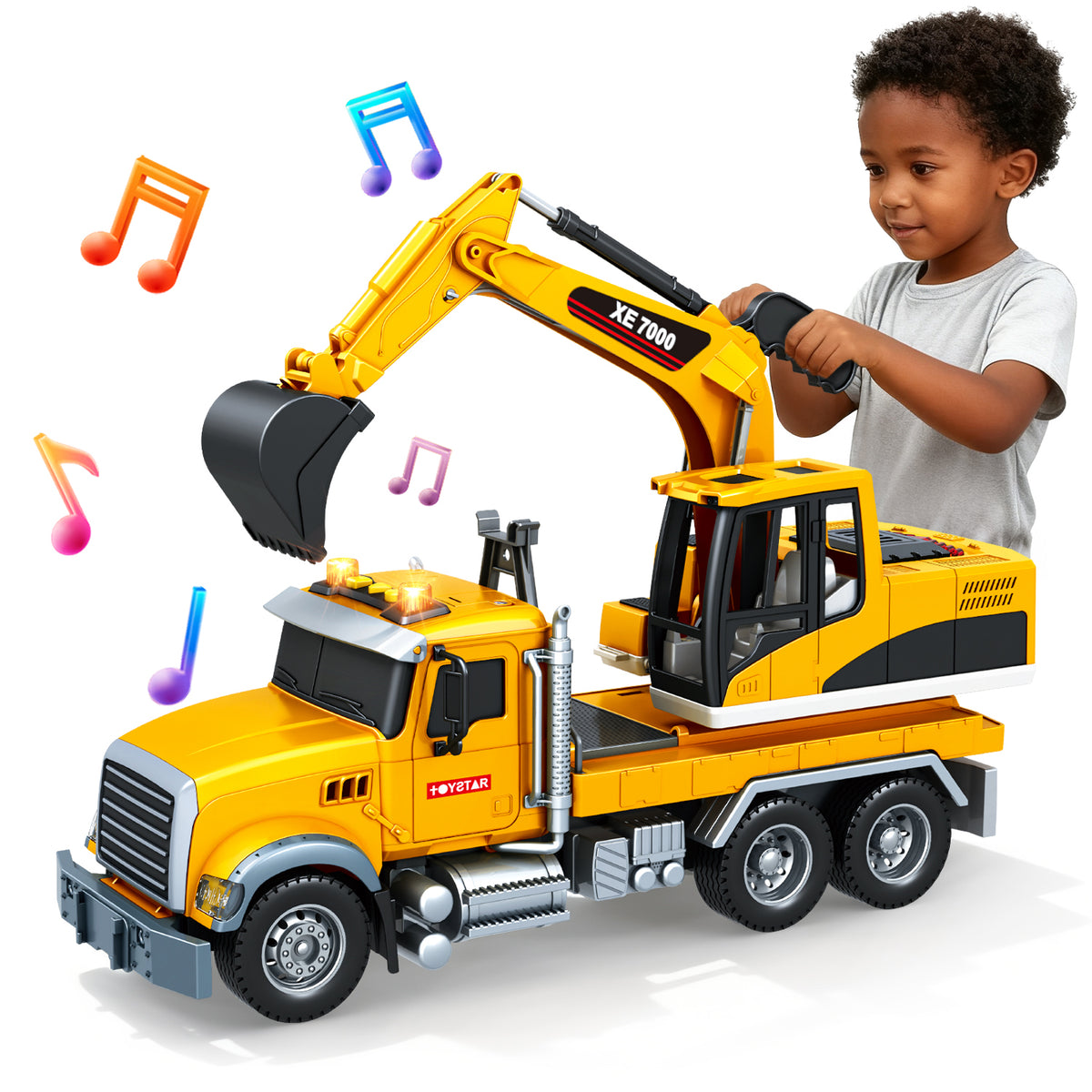Kids Excavator Toy with Lights & Sounds, Construction Truck Toy with 360° Rotation & Flexible Digging Arm, Perfect Gift for Boys Girls Toddlers