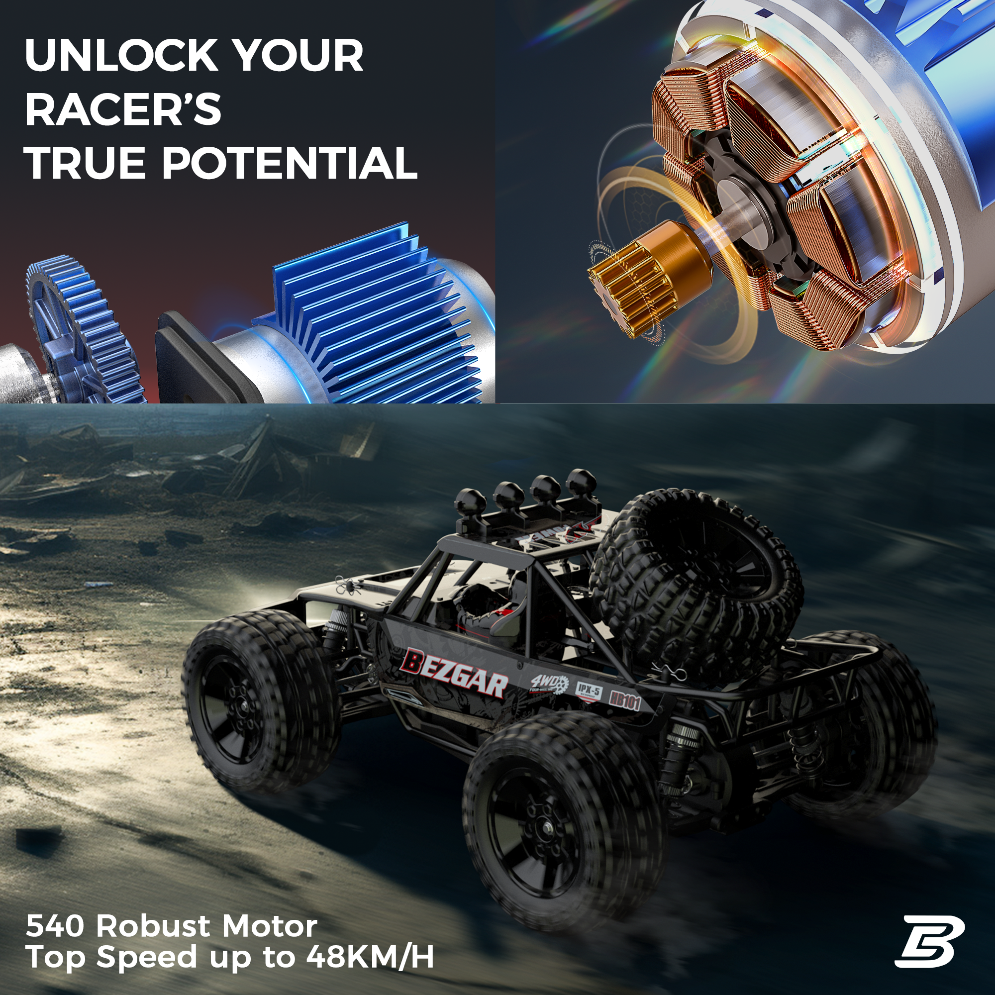 YCFUN 1:10 Remote Control Car, 4WD High Speed 48km/h All Terrains off Road RC Buggy