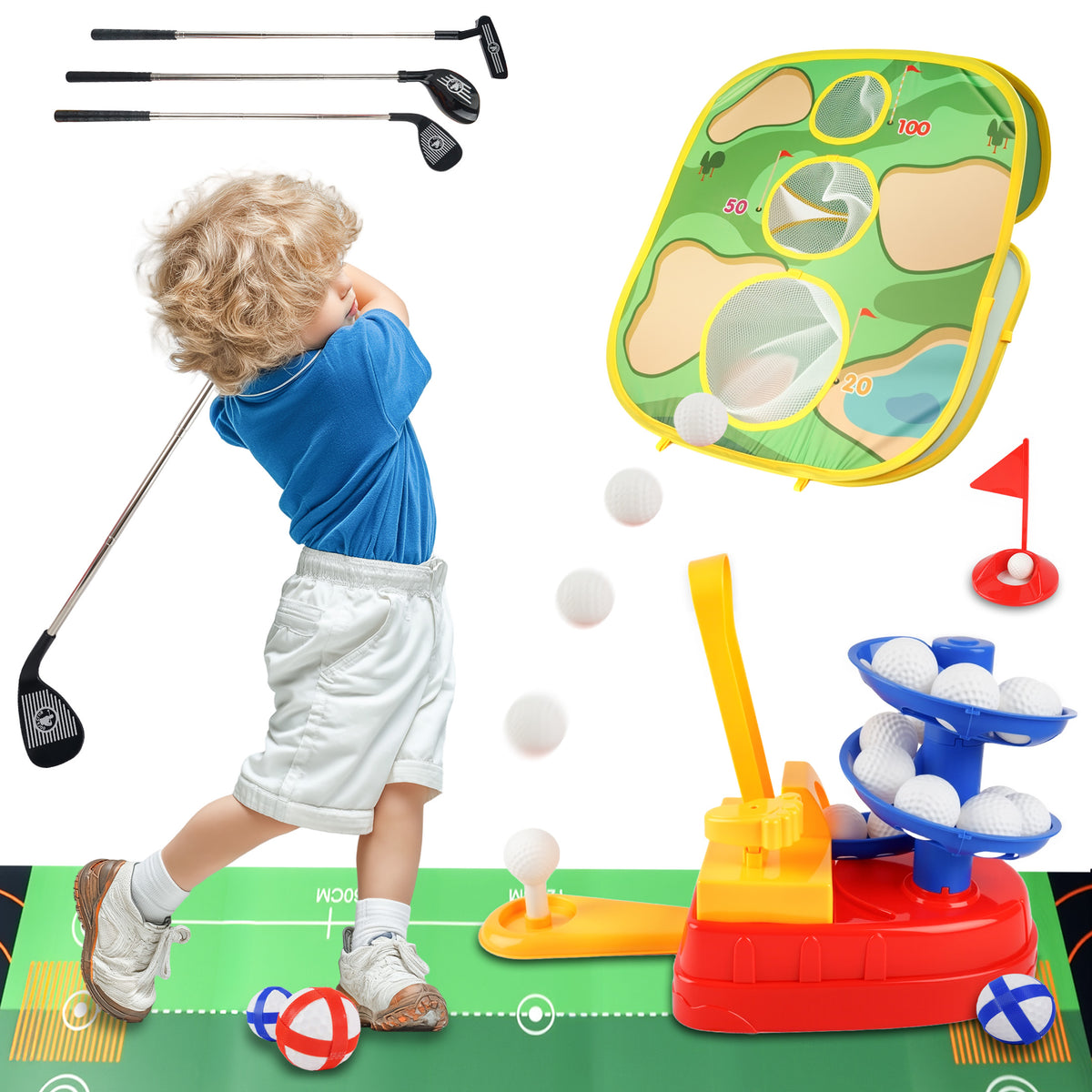 YCFUN Toddler Golf Set, Toy Golf Set with Cornhole Beanbag Cloth and Putting Mat