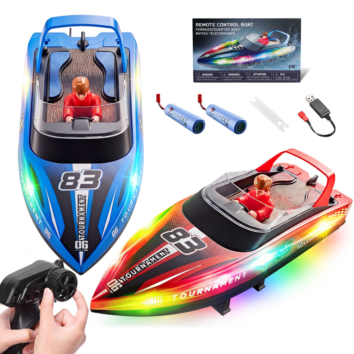 10" Remote Control Boat for Kids, 2-Pack RC Boats with LED Lights & Low Battery Warning, Summer Outdoor Water Toys for Boys Girls Ages 3-12