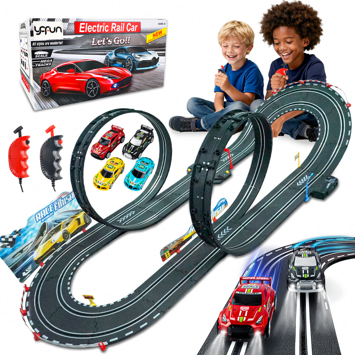 YCFUN Slot Car Sets for Kids, Electric Race Track set with 4 High Speed Light-Up Car and 2 Electric Controller, Christmas Birthday Gifts for Kids 3-12