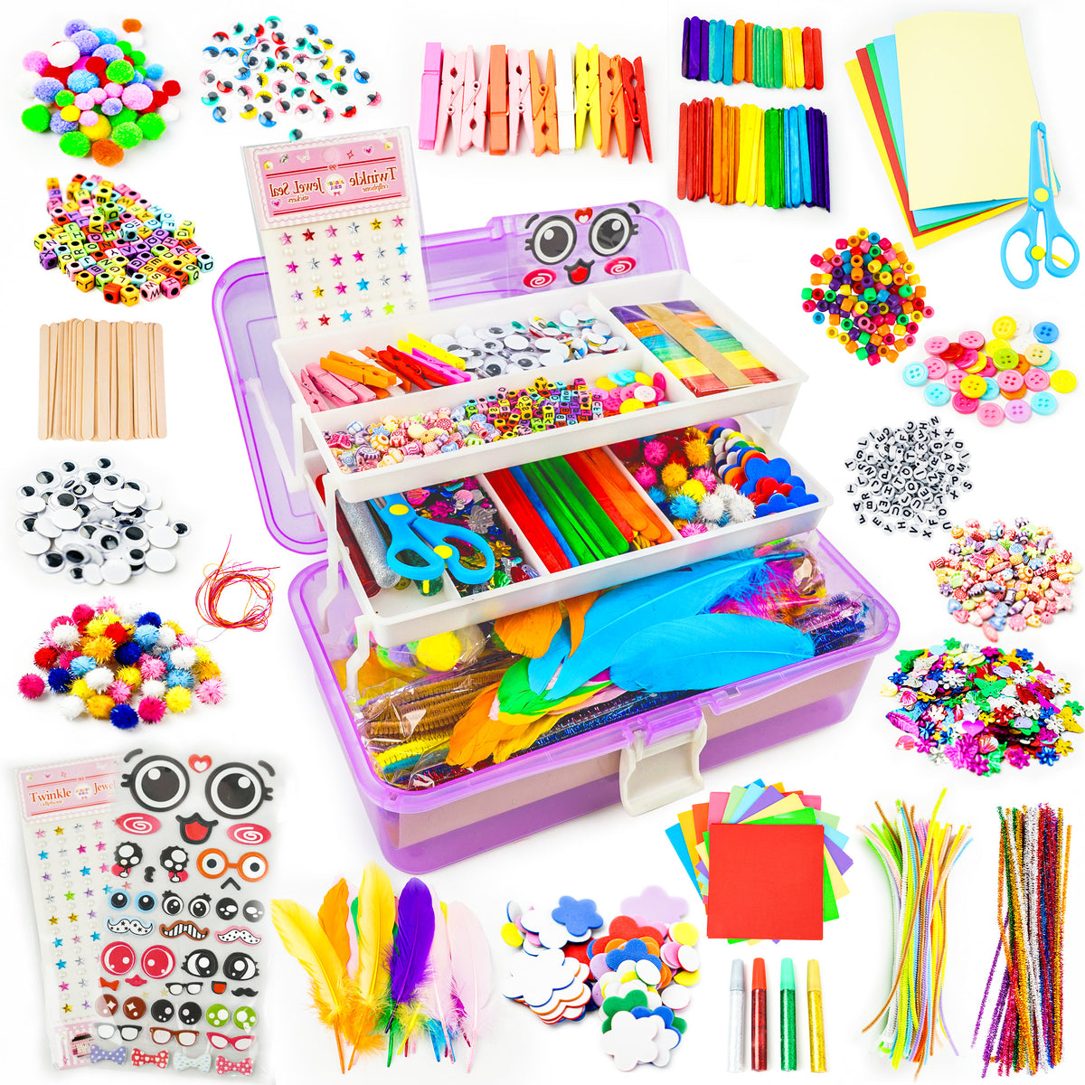 1100+ Pcs Arts and Crafts Kit with Beads, Stickers & Sequins, Portable 3-Tier Carrying Case for Boys Girls (Purple)