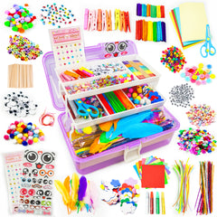 1100+ Pcs Arts and Crafts Kit with Beads, Stickers & Sequins, Portable 3-Tier Carrying Case for Boys Girls (Purple)
