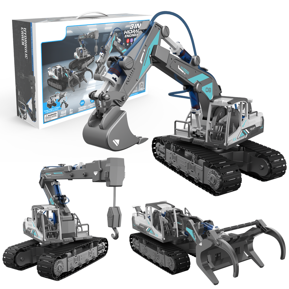 YCFUN 168 Pcs Model Building Kit with Hydraulic, 3-in-1 Construction Truck Set with Crane, Excavator & Wood Loader, Engineering Build Toy for Kid 6-13