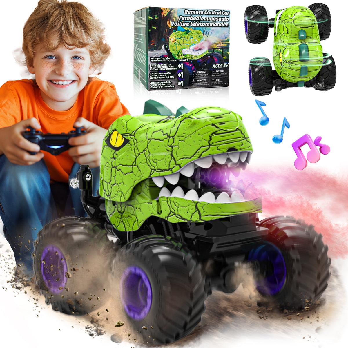 YCFUN Dinosaur RC Monster Truck, 360° Spins RC Stunt Car with Spray, LED & Music, Remote Control Car Dinosaur Toy for Boys Kids Ages 3-8