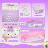 YCFUN Soft Body Baby Doll Set with Portable Toy Cradle, Washable Clothes & Pacifier, Pretend Play Toy for Kids 1-3