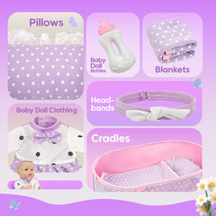 YCFUN Soft Body Baby Doll Set with Portable Toy Cradle, Washable Clothes & Pacifier, Pretend Play Toy for Kids 1-3
