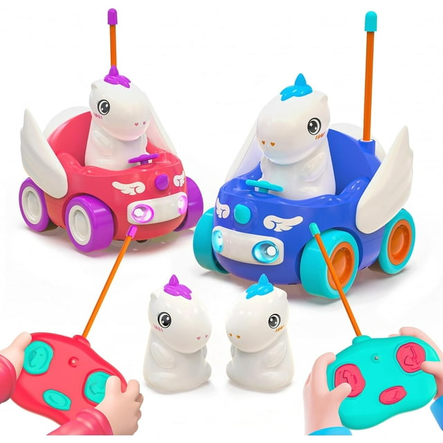 YCFUN 2Pack Remote Control Car for Toddlers, Unicorn Toddler Toys with Replaceable Unicorn Drivers