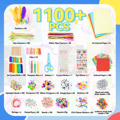 1100+ Pcs Arts and Crafts Kit with Beads, Stickers & Sequins, Portable 3-Tier Carrying Case for Boys Girls (Pink)