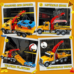 Kids Tow Truck Toy Set with Lights & Sounds, Retractable Boom & Tilting Flatbed, Included 1 Sports Car and 12 Traffic Markers, Great Gift for Toddler