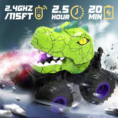 YCFUN Dinosaur RC Monster Truck, 360° Spins RC Stunt Car with Spray, LED & Music, Remote Control Car Dinosaur Toy for Boys Kids Ages 3-8