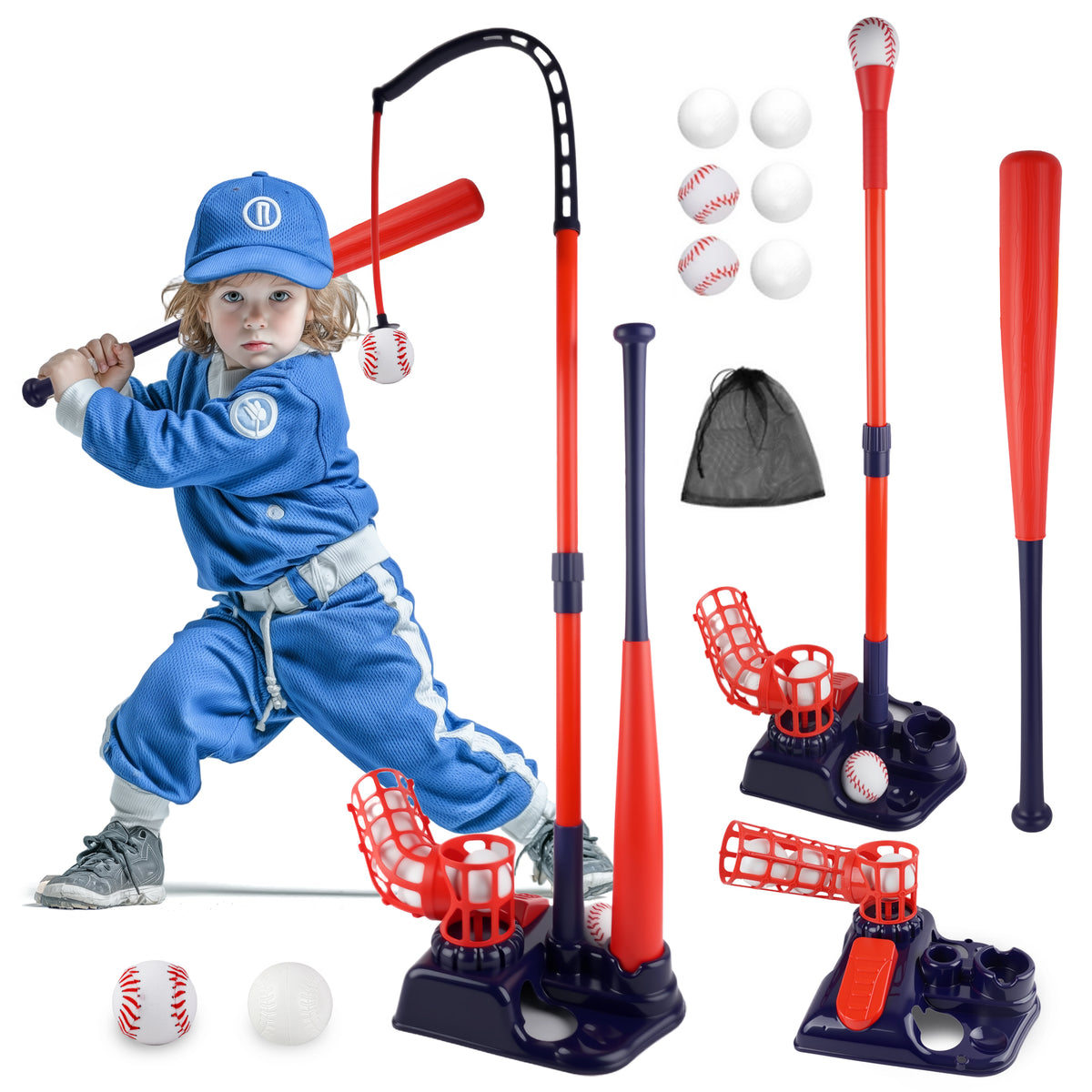 YCFUN 3-in-1 T Ball Set with Adjustable Height Baseball Stand, Hanging Tee, Serve Machine with 6 Balls