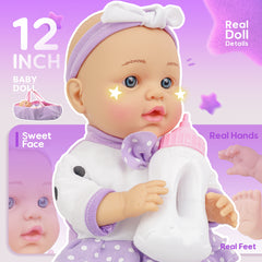 YCFUN Soft Body Baby Doll Set with Portable Toy Cradle, Washable Clothes & Pacifier, Pretend Play Toy for Kids 1-3
