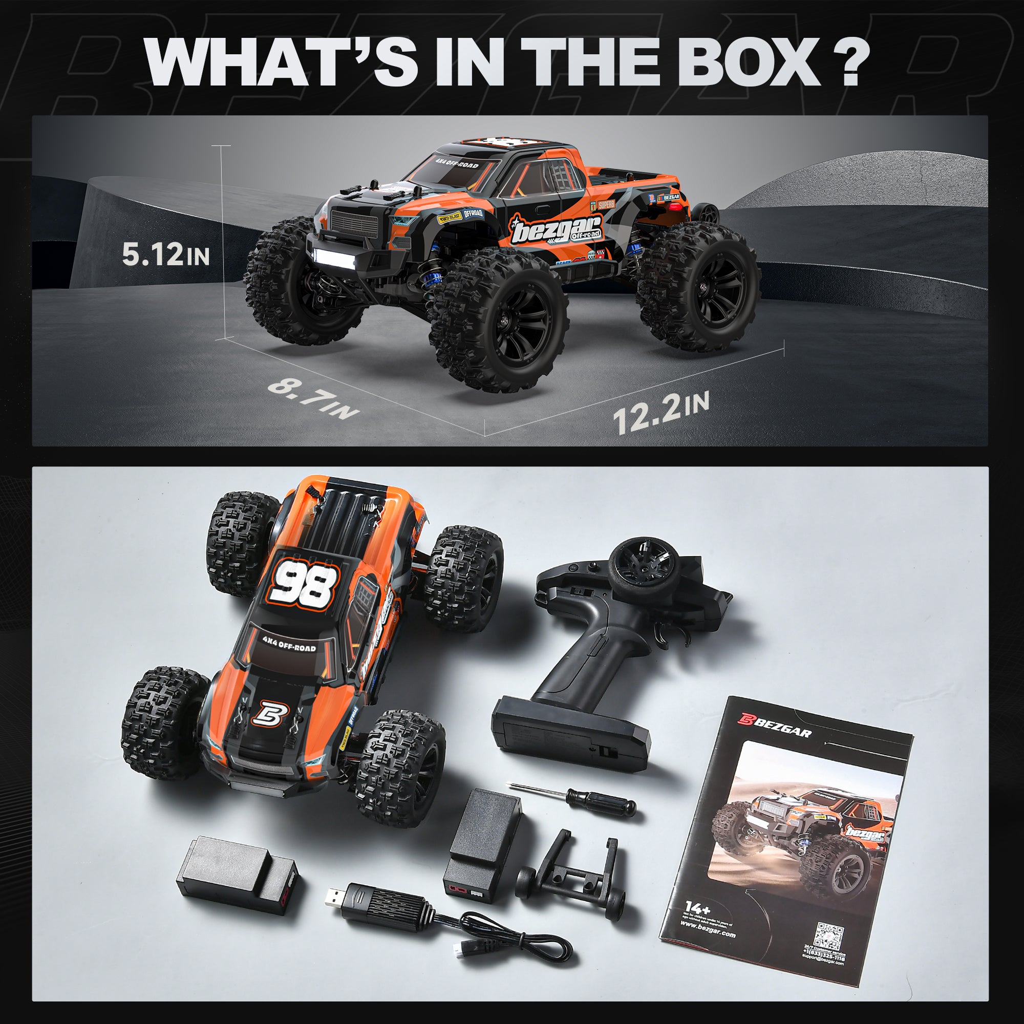 YCFUN 30+KMH 4WD High Speed Remote Control Cars, 1:16 Waterproof RC Monster Trucks for Boys and Adults, w/ Two Batteries