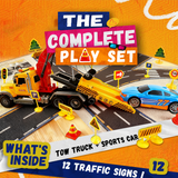 Kids Tow Truck Toy Set with Lights & Sounds, Retractable Boom & Tilting Flatbed, Included 1 Sports Car and 12 Traffic Markers, Great Gift for Toddler