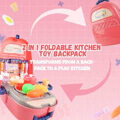 YCFUN 2-in-1 Kids Kitchen Toys, Portable Backpack Play Kitchen Set with 22 Pcs Cooking Toys, Foldable Travel Pretend Play for Toddlers Girls Boys
