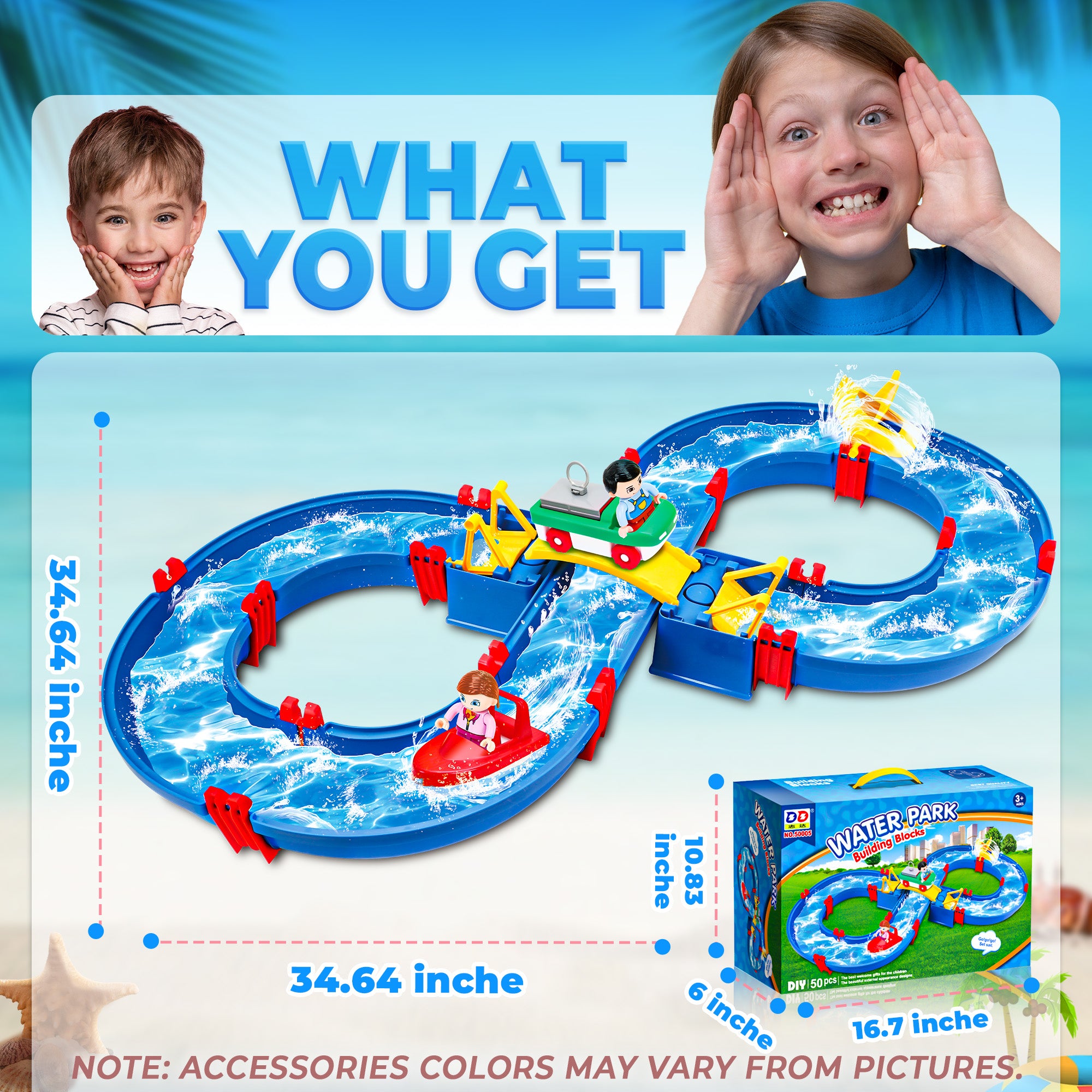 YCFUN Kids Outdoor Water Table Toys, Water Park Playset 50Pcs DIY Table Beach Toy