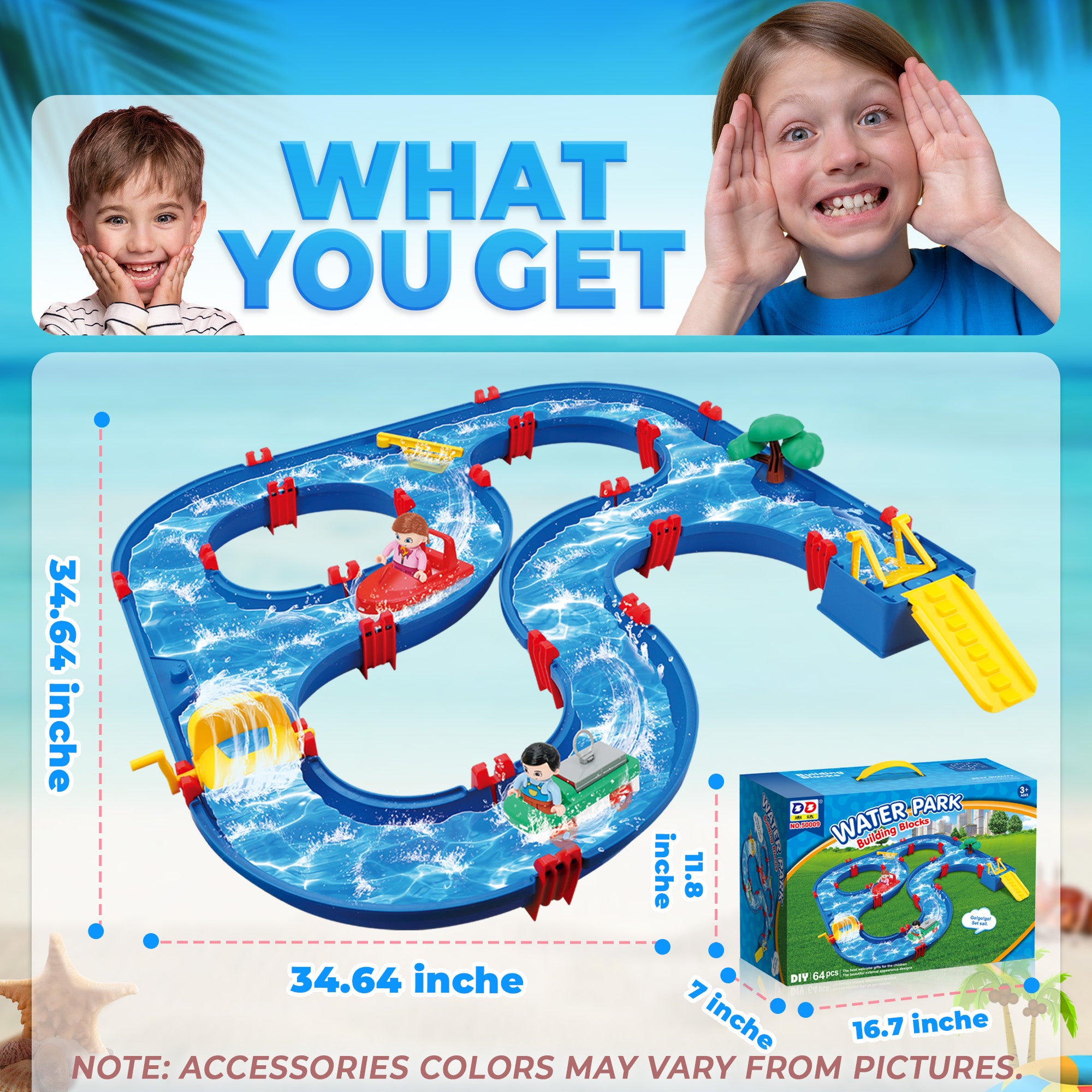 Water Fun Racing Water Table YCFUN Water Table for Toddlers, 50Pcs Outdoor Water Park Playset for K