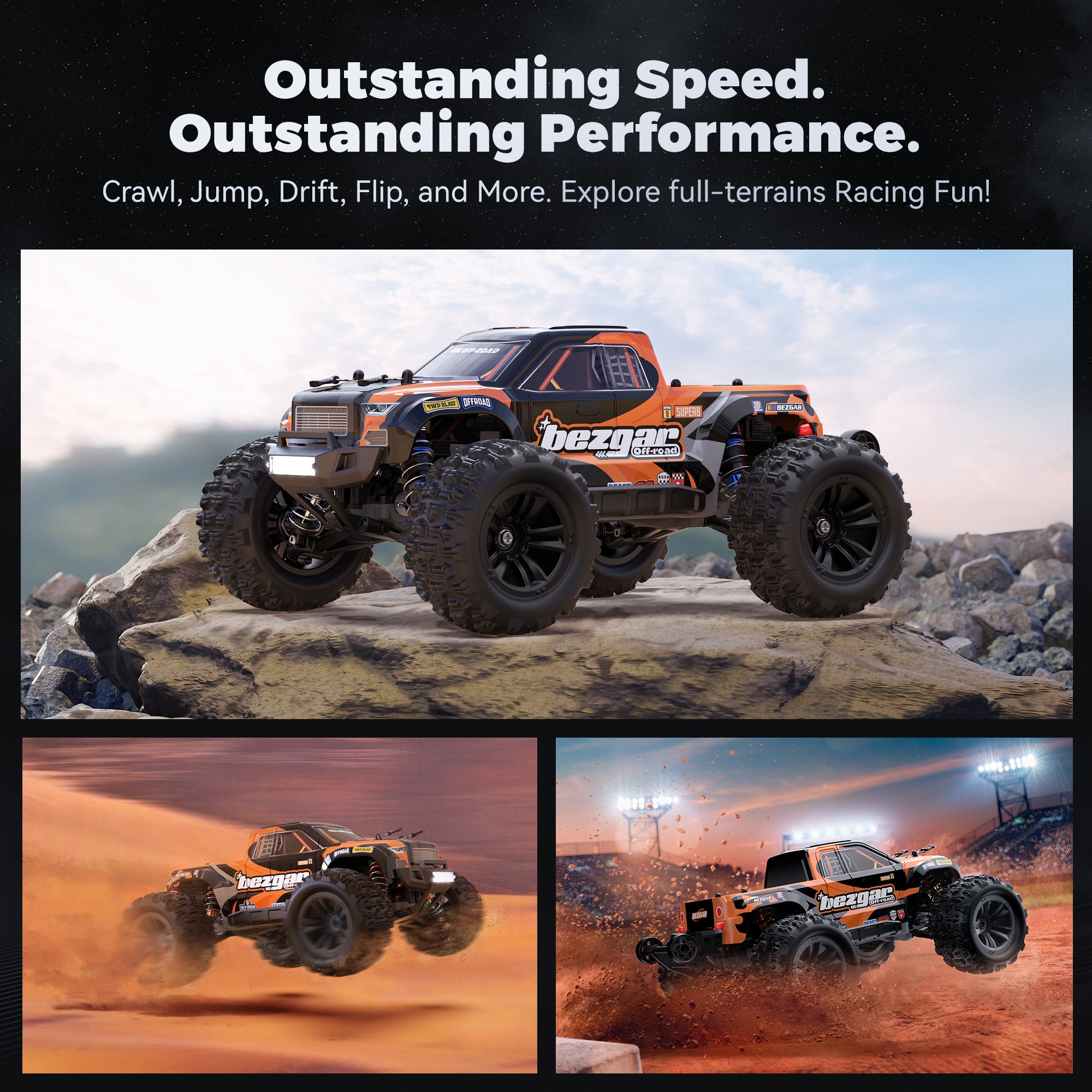 YCFUN 30+KMH 4WD High Speed Remote Control Cars, 1:16 Waterproof RC Monster Trucks for Boys and Adults, w/ Two Batteries