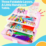 1100+ Pcs Arts and Crafts Kit with Beads, Stickers & Sequins, Portable 3-Tier Carrying Case for Boys Girls (Pink)