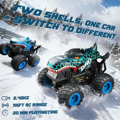 YCFUN Monster Truck Toys, 2.4GHz RC Monster Truck with 2 Shells, Dinosaur Stunt Car with 360° Flips LED Music, Toys Gift for Boys Girls 3-7