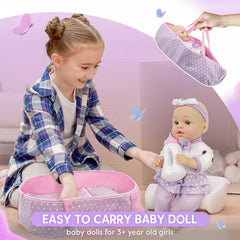 YCFUN Soft Body Baby Doll Set with Portable Toy Cradle, Washable Clothes & Pacifier, Pretend Play Toy for Kids 1-3