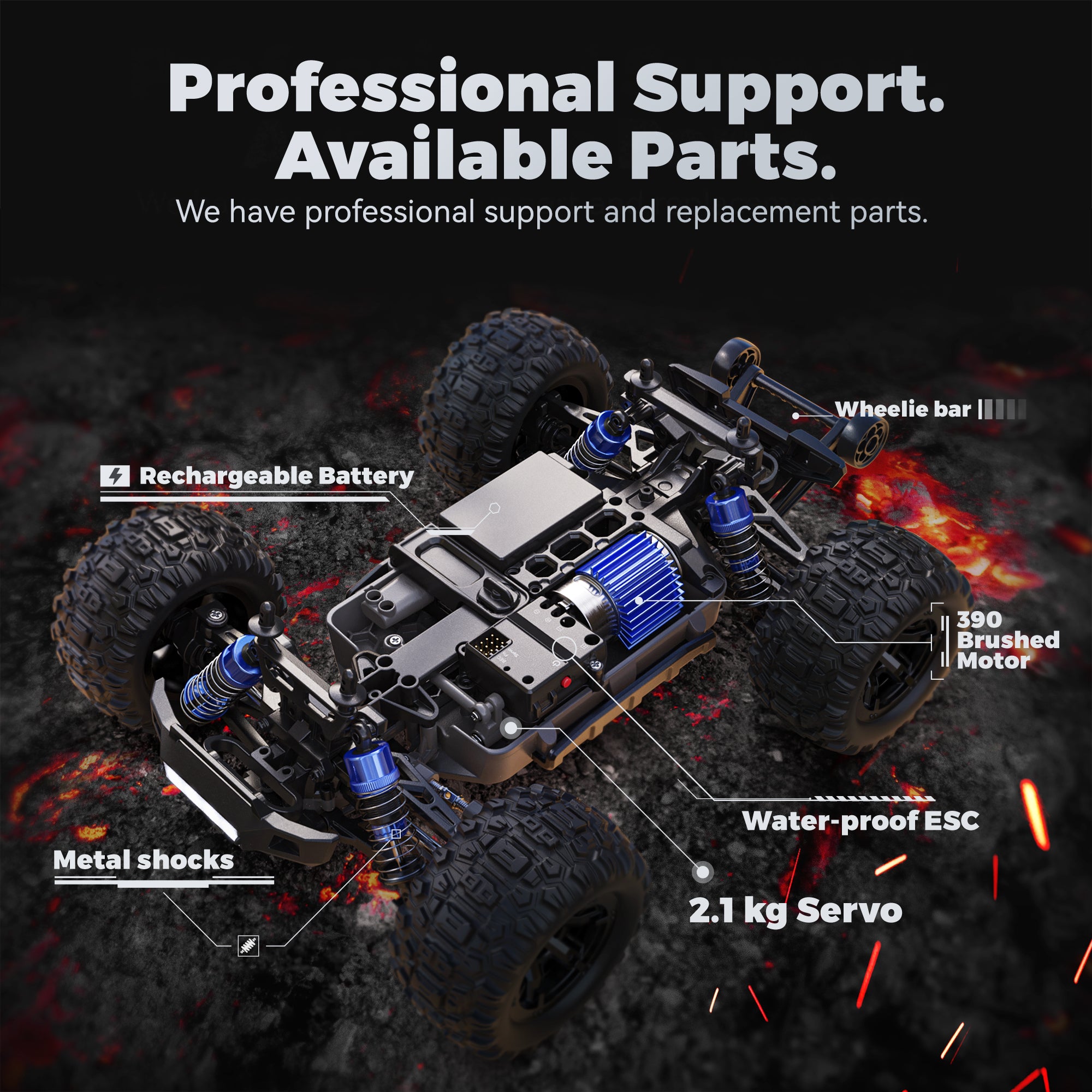 YCFUN 30+KMH 4WD High Speed Remote Control Cars, 1:16 Waterproof RC Monster Trucks for Boys and Adults, w/ Two Batteries