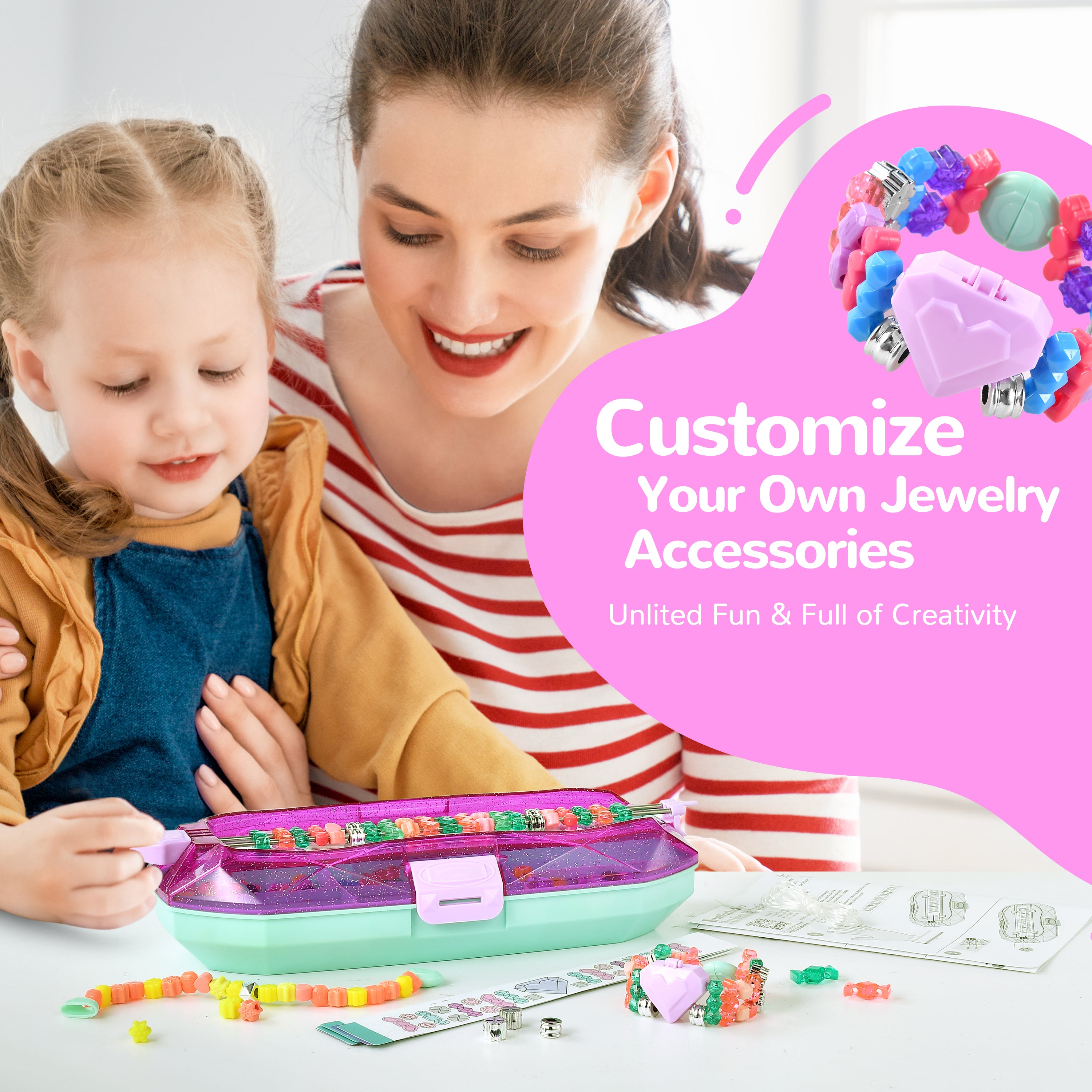 Bracelet Making Kit, YCFUN Toy Gem Makeup Jewelry Making Kit with Storage Box, DIY Girls Toys for Child Ages 6+
