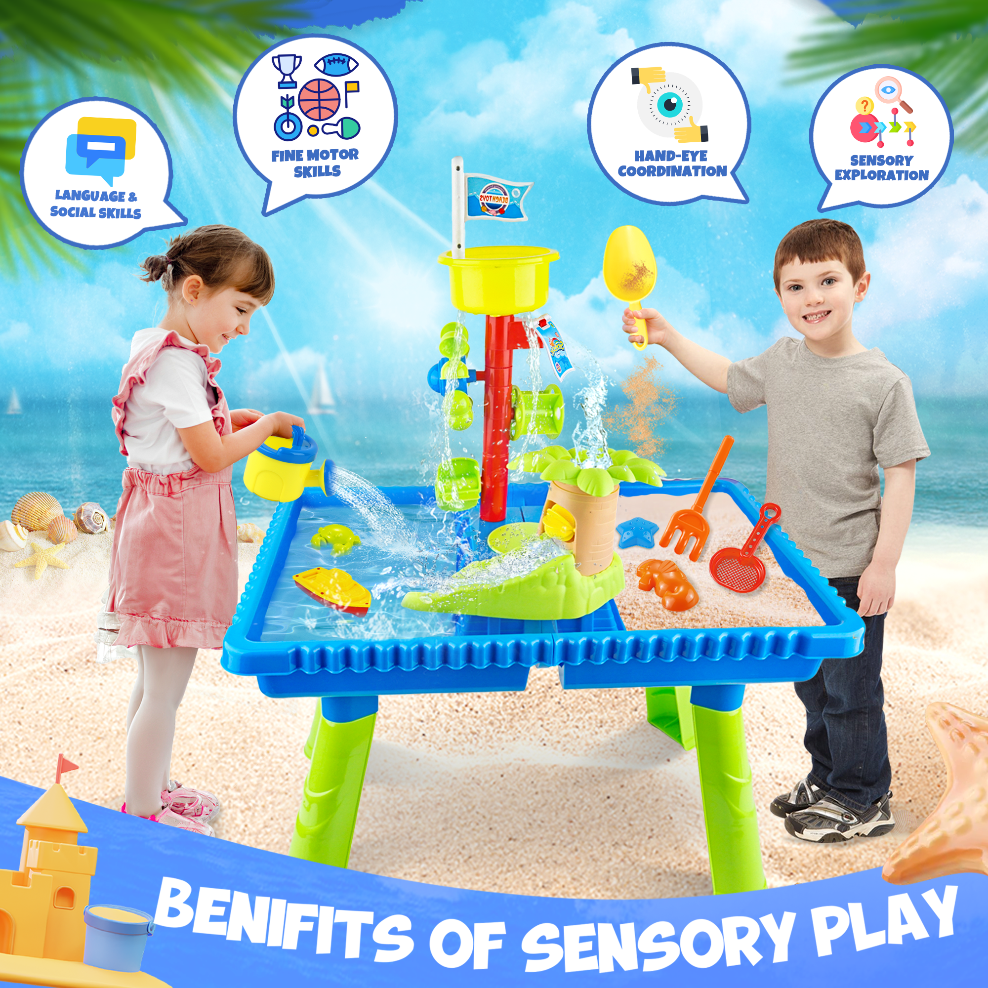 YCFUN Kids Sand Water Table for Toddlers 3-8, Plastic Outdoor Activity Sensory Tables