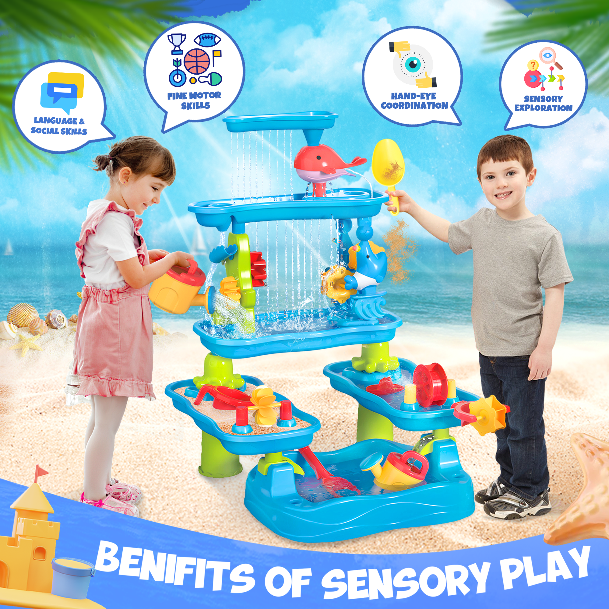 YCFUN Sand and Water Tables for Toddlers, 5 Tier Outdoor Toys for Kids Boys Girls