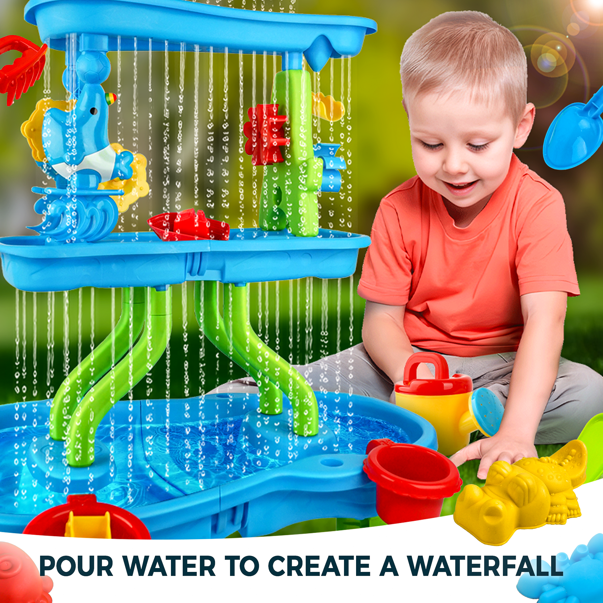 YCFUN Water Table, 4-Tier Outdoor Toys Sand and Water Table with Beach Toy for Toddlers Boys Girls