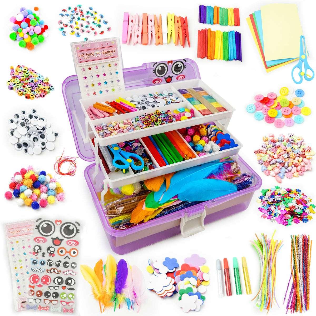YCFUN 1100+ DIY Arts Craft Supplies Set for Kids with Portable 3 Layered Folding Box