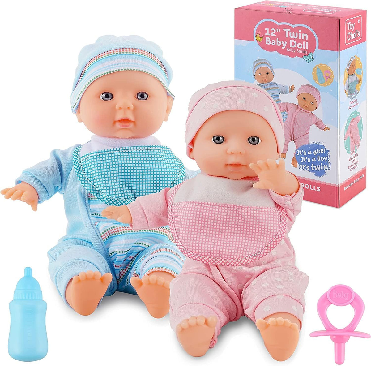 YCFUN Twin Baby Doll 12 inch Soft Body Baby Doll Set with Rompers and Hat Pacifier, Doll Bibs for Baby for 2 3 4 5 Year Old Boys and Girls, Toddlers, Kids