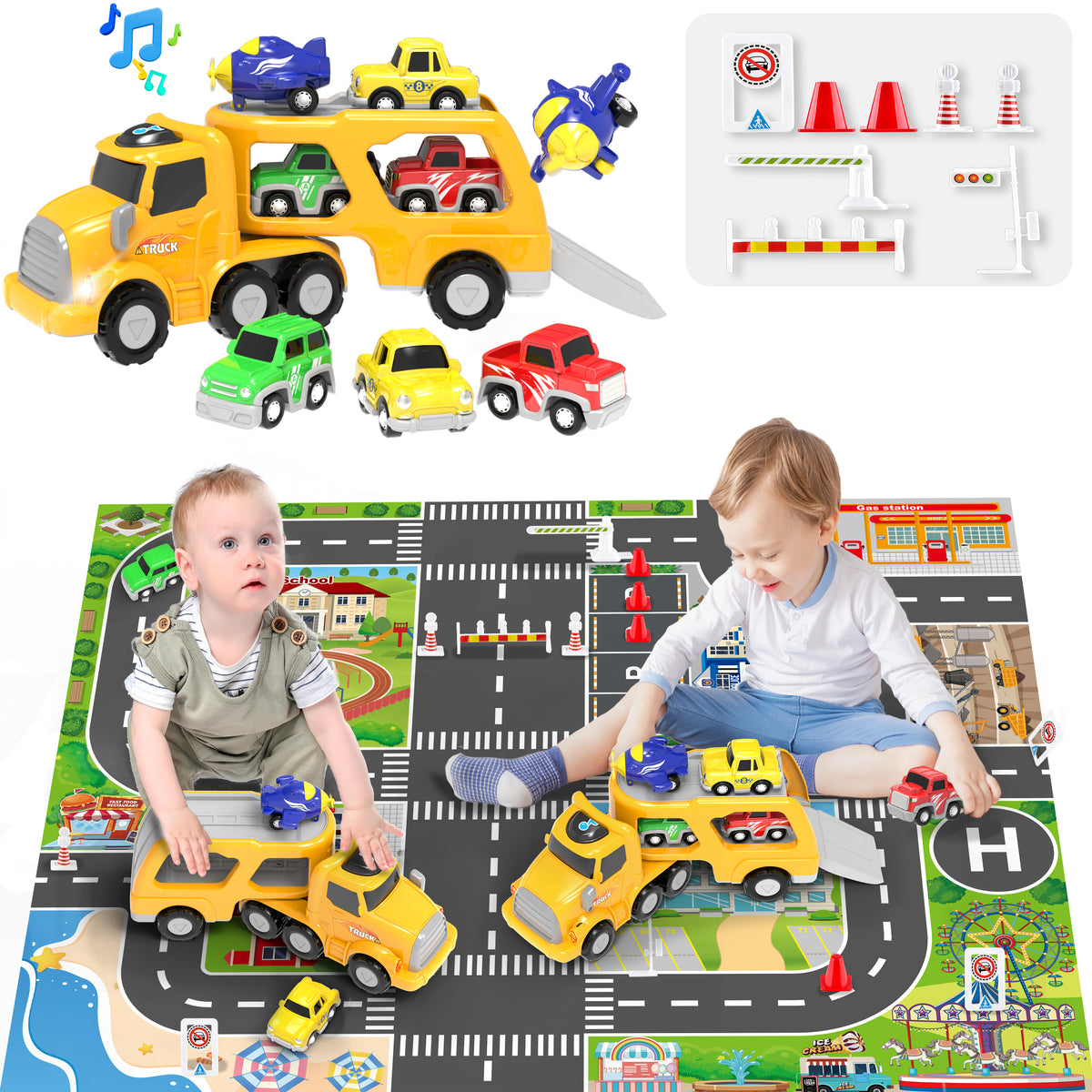 YCFUN Transport Car Carrier Truck with Light&Sound and Activity Play Mat for Kids Boys Girls, Vehicles Playset for Gifts Age 2-8