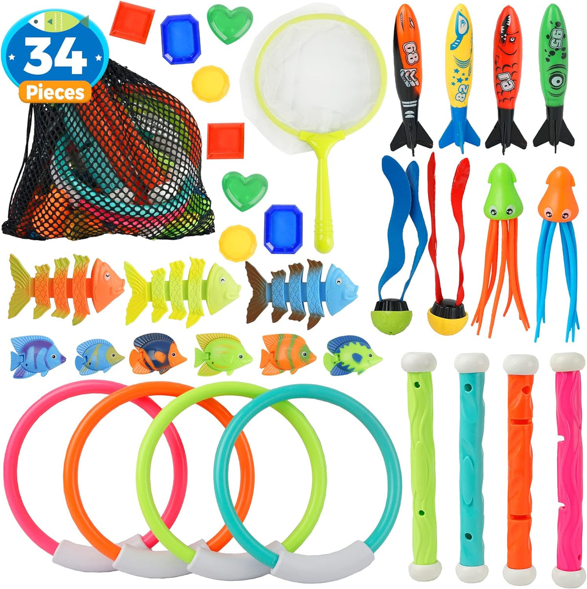 YCFUN Pool Diving Toys Games, 34 PCS Swimming Pool Toys Underwater Dive Gifts with Storage Bag Summer Pool Toys for Kids Ages 8-12, Training Diving Swim Toys for Boys Girls Toddlers