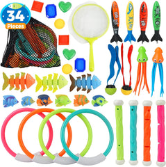 YCFUN Pool Diving Toys Games, 34 PCS Swimming Pool Toys Underwater Dive Gifts with Storage Bag Summer Pool Toys for Kids Ages 8-12, Training Diving Swim Toys for Boys Girls Toddlers