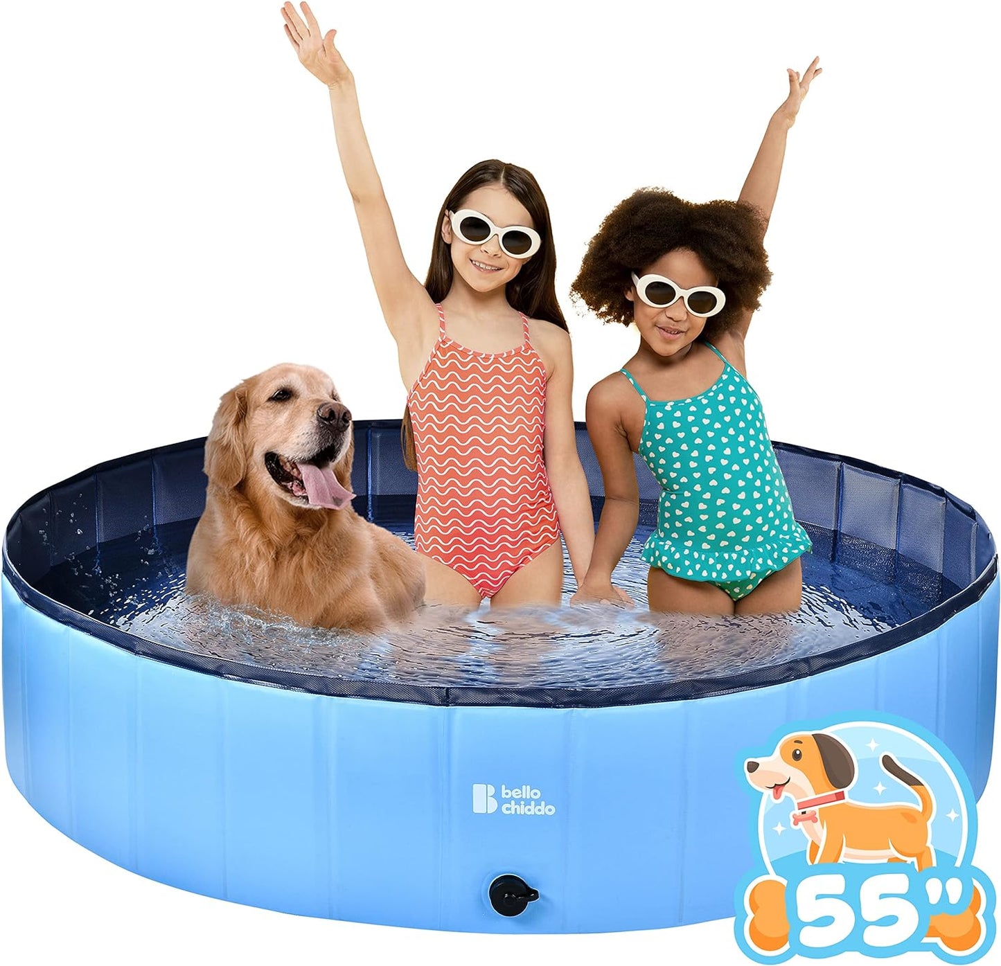 YCFUN Foldable Hard Plastic Pool for Dogs and Kids, Non-slippery Swimming Pool with PP Boards, Kiddie Pool for Dogs, Indoor&Outdoor Pet Bathing Tub with Water Drainage， 55inches