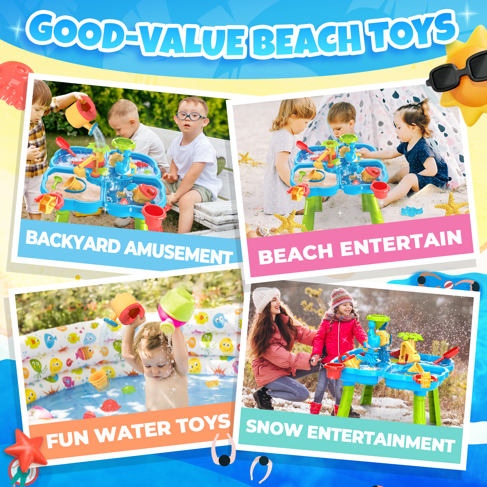YCFUN Outdoor Toys 4-in-1 Water Tables for Toddlers Kids, Beach Sand Toy for Backyard