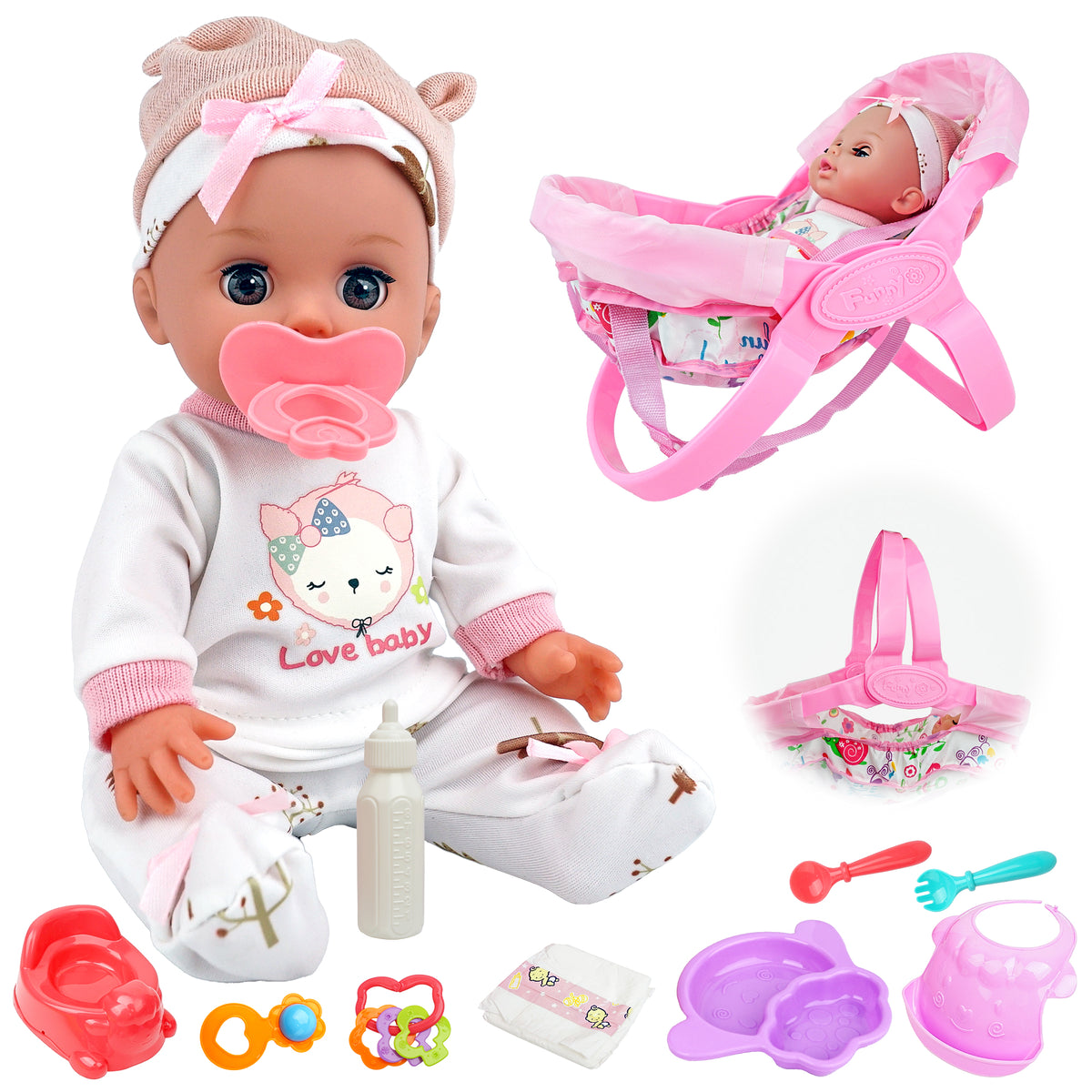 YCFUN 14 Inch Baby Doll for Girl, Soft Body Doll with 3 in 1 Carrier Bassinet Bed, Real Baby Doll Toy Set for Toddlers Kids