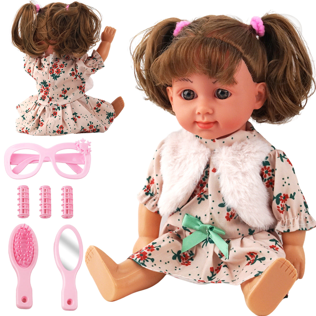 YCFUN Interactive Talking Baby Doll with Styling Hair Set, 12" Singing Toy with Comb & Mirror, Gift for Toddlers Age 2-6